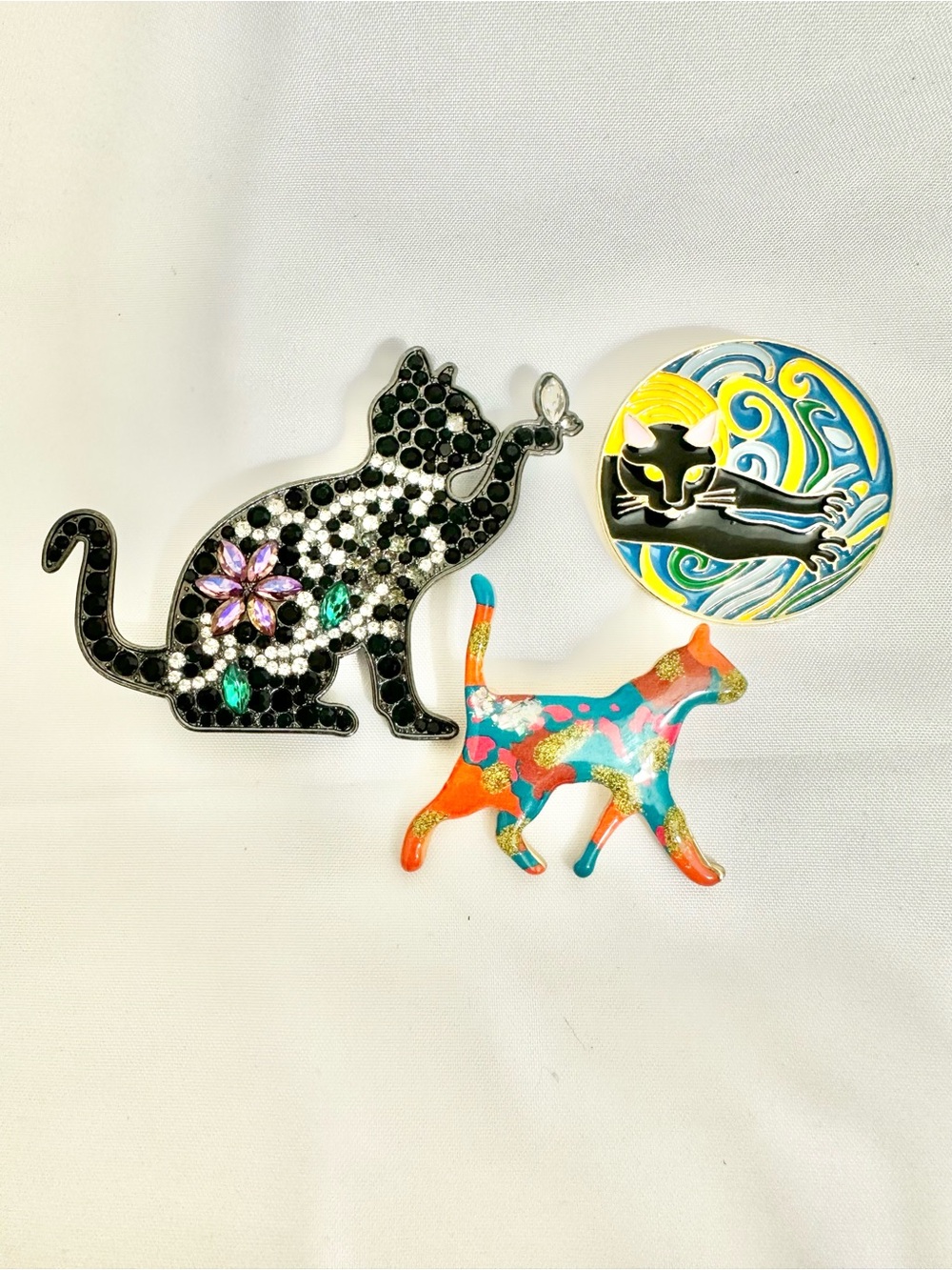 Vintage Colorful Cat Brooches Lot - Multicolored Enamel & Black Rhinestones